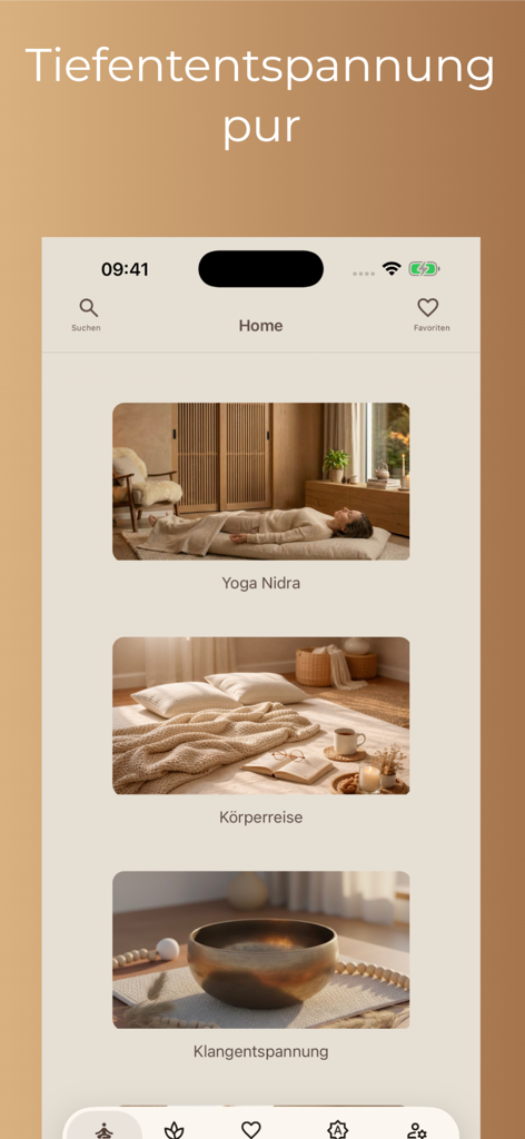 Home screen of the Entspann dich App showing various relaxation categories including Yoga Nidra and sound therapy