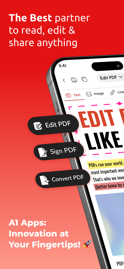 A1 PDF Editor iPhoneアプリに、書類の編集・署名・変換オプションが表示されている