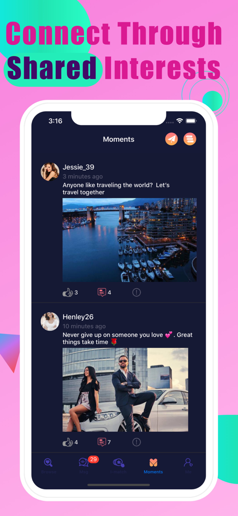 Una captura de pantalla del feed Moments en la aplicación de citas Maduro mostrando publicaciones de usuarios e intereses compartidos.