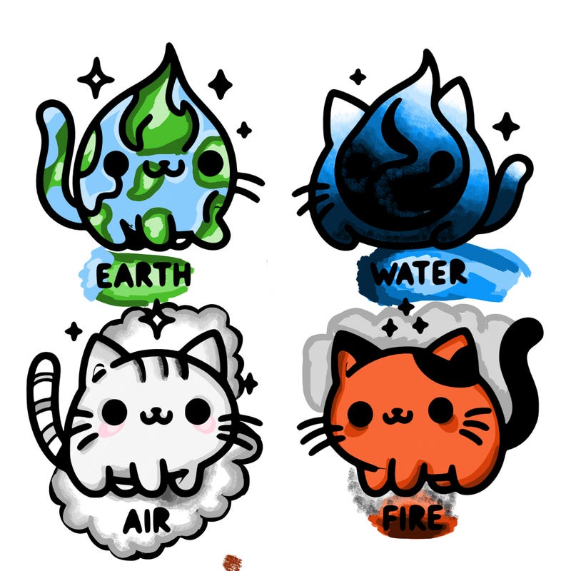 4 cats that represent the different elements, earth, water, air, and fire