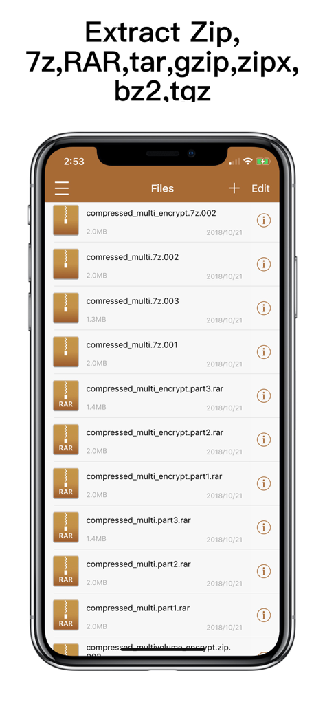 UnRAR - zip,rar,7z file opener - Interfaz de la aplicación UnRAR que muestra una lista de archivos comprimidos en varios formatos como rar y zip en una pantalla móvil