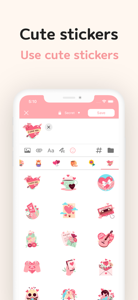 DailyLife - Diary, Journal - Interface of DailyLife diary app showing a variety of cute pink stickers for journal customization