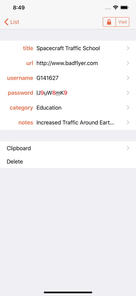 PasswordWallet detail screen showing username and login info for an entry titled Spacecraft Traffic School.
