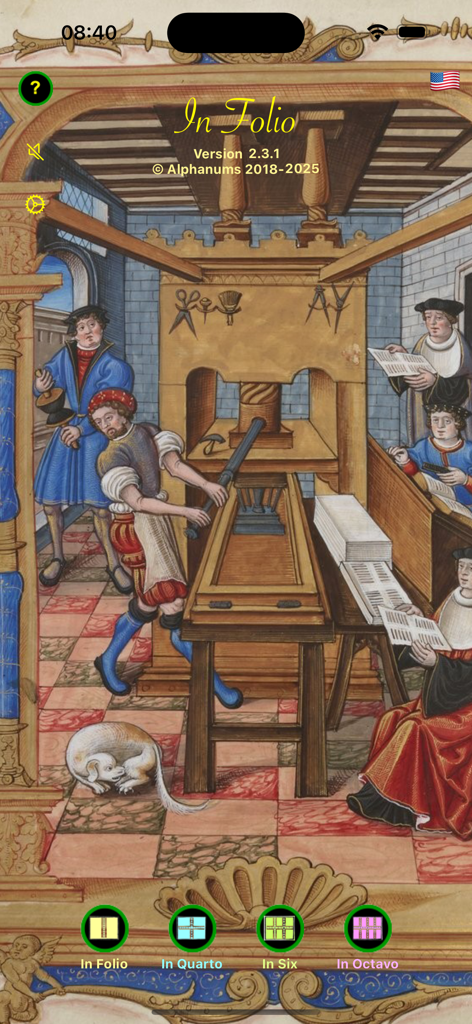 Home screen of the In Folio app featuring a medieval printing press illustration and buttons for different booklet layout options.