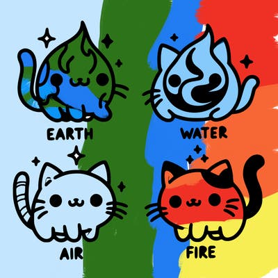 4 cats that represent the different elements, earth, water, air, and fire