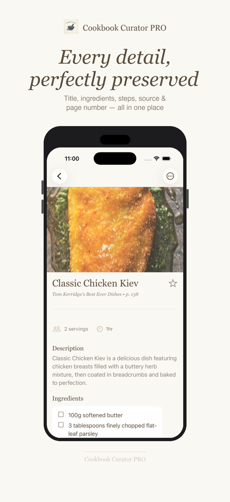 Cookbook Curator PRO - Digital recipe view in Cookbook Curator PRO showing Classic Chicken Kiev with ingredients and cookbook source information