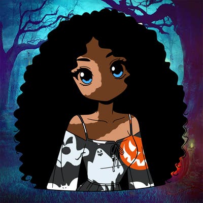 a black anime girl with long afro hair