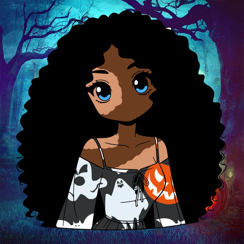 a black anime girl with long afro hair