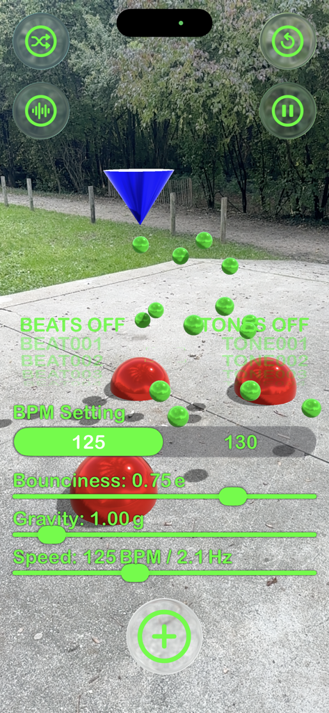 Sound Drop AR - Sound Drop AR interface with physics sliders and green balls bouncing on red reactors in an outdoor augmented reality setting