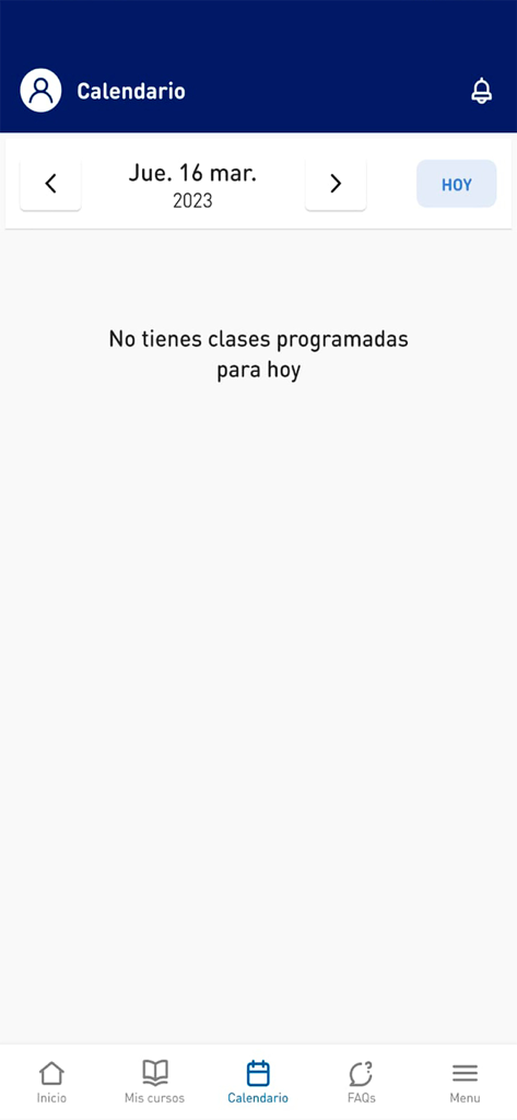 Interfaz del calendario de la aplicación móvil Certus que no muestra clases programadas para el día.