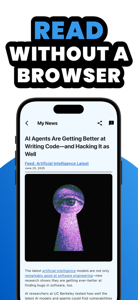 In-app article reading interface of RSS Reader showing a clean view without a web browser.