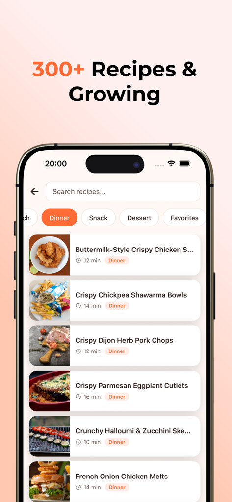 AirFryMeals: Air Fryer Recipes - AirFryMeals 앱에서 바삭한 치킨과 포크찹과 같은 저녁 식사 레시피 목록을 보여주는 아이폰 화면