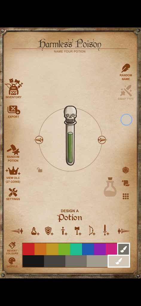 Instant Armory - Interface of Instant Armory app for designing a custom fantasy potion with a skull stopper