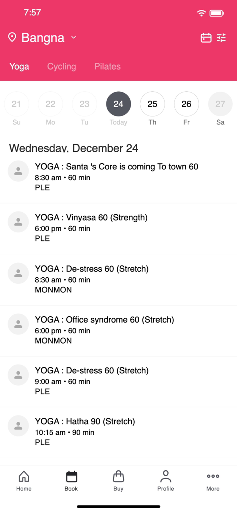 Absolute You mobile app displaying a daily schedule for yoga classes at the Bangna studio location.