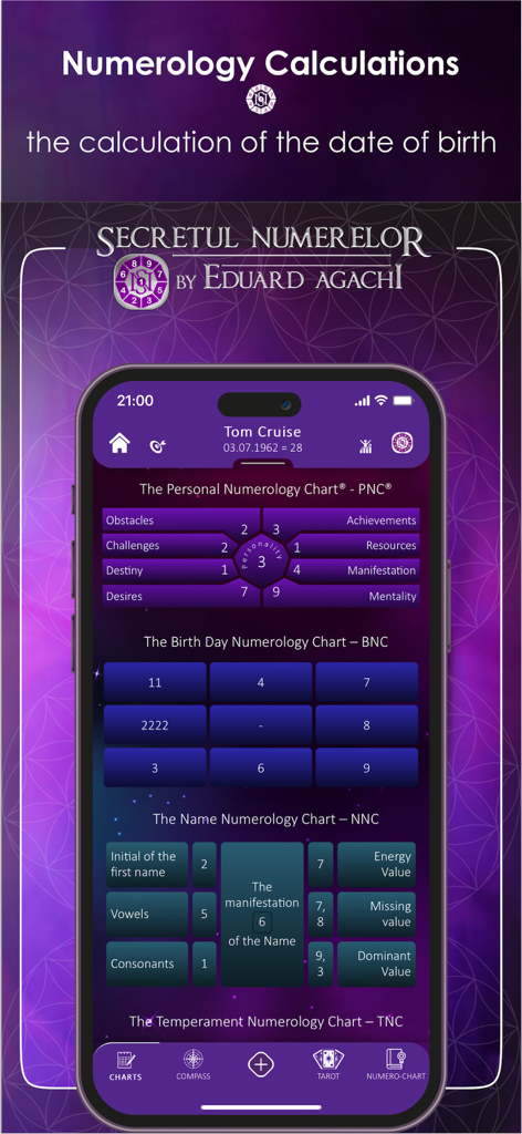The Secret of Numbers - Interfaz de la aplicación El Secreto de los Números mostrando varios gráficos de cálculo numerológico, incluidos datos personales y de nacimiento