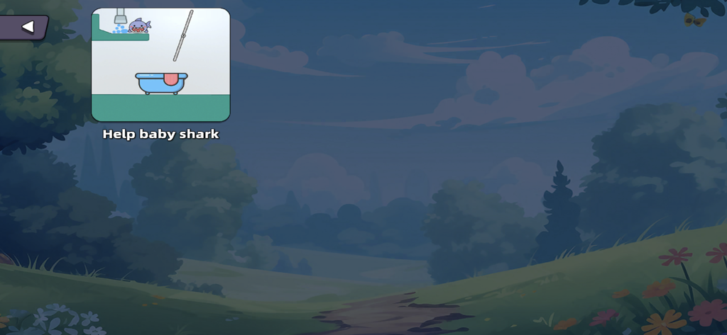 Future Guard - Future Guardのゲームインターフェース。森の背景に、赤ちゃんサメを助けるパズルのアイコンが表示されている。