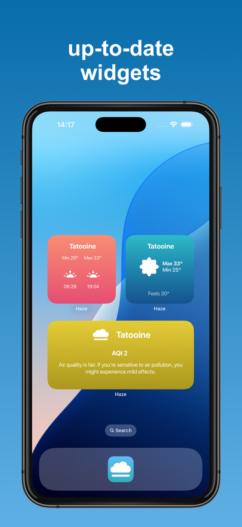 Tela inicial do iPhone exibindo widgets do aplicativo Haze para índice de qualidade do ar e dados meteorológicos