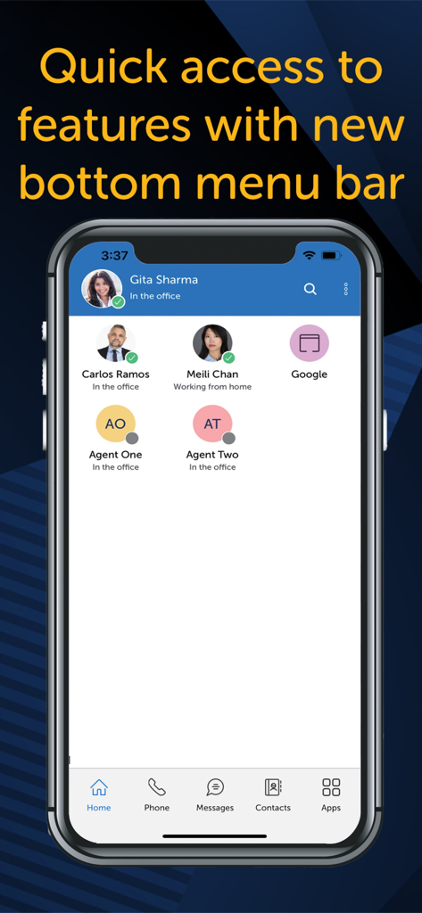 MiCollab for Mobile - MiCollab for Mobile app home screen featuring a bottom menu bar and contact status indicators