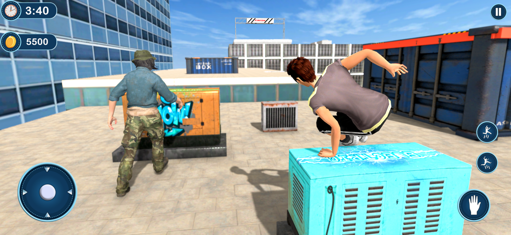Rooftop Runner Parkour Go Up - A character performing a parkour move on an urban rooftop with high-rise buildings in the background