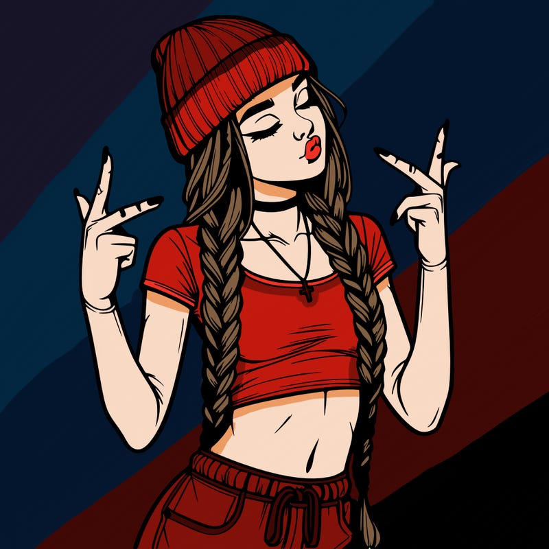 realistic teenage girl with braids and a beanie and crop top doing 🫶🏼