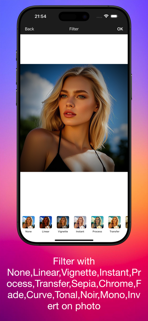 Pic Lab - Photo Editor Lively - Pic Lab app interface showing a portrait photo with multiple filter options like Vignette and Instant