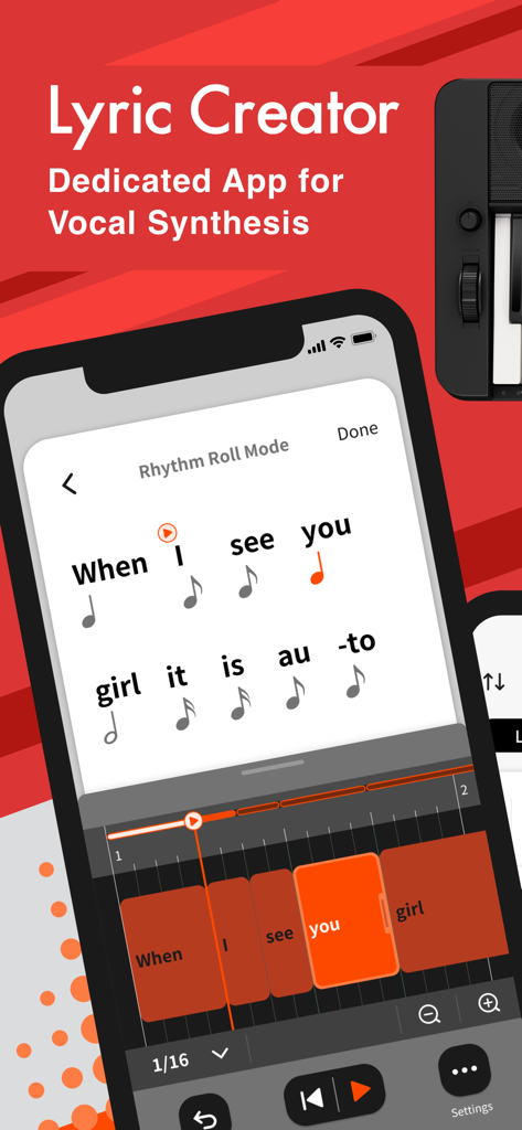 Lyric Creator - Interfaz de la aplicación Lyric Creator mostrando sílabas asignadas a valores de nota musical en Modo Rhythm Roll