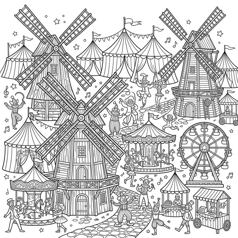 Unleash your creativity with this enchanting coloring page featuring charming wooden windmills amidst a vibrant carnival. Immerse yourself in a festive fairground filled with playful jesters, thrilling rides, and delightful circus tents, ready for your artistic touch.