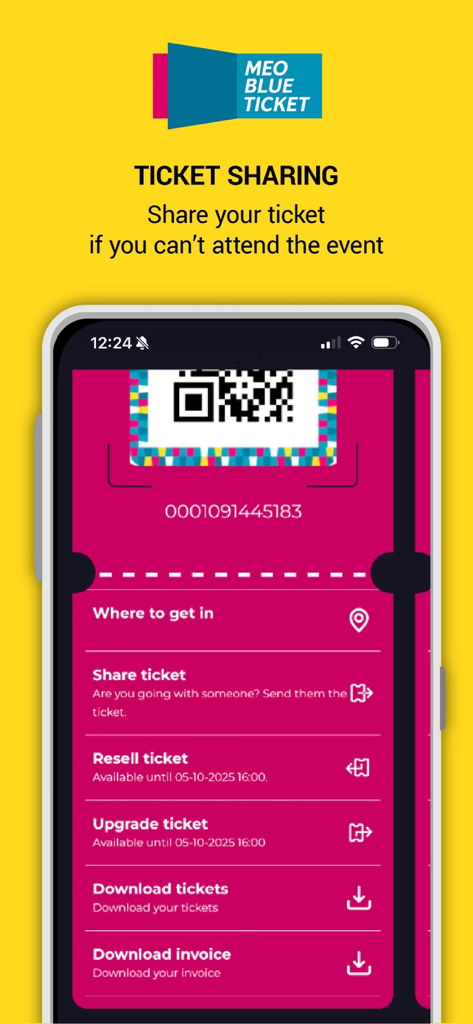 MEO BLUETICKET - MEO BLUETICKET app interface showing ticket sharing, resale, and upgrade options with a digital QR code.
