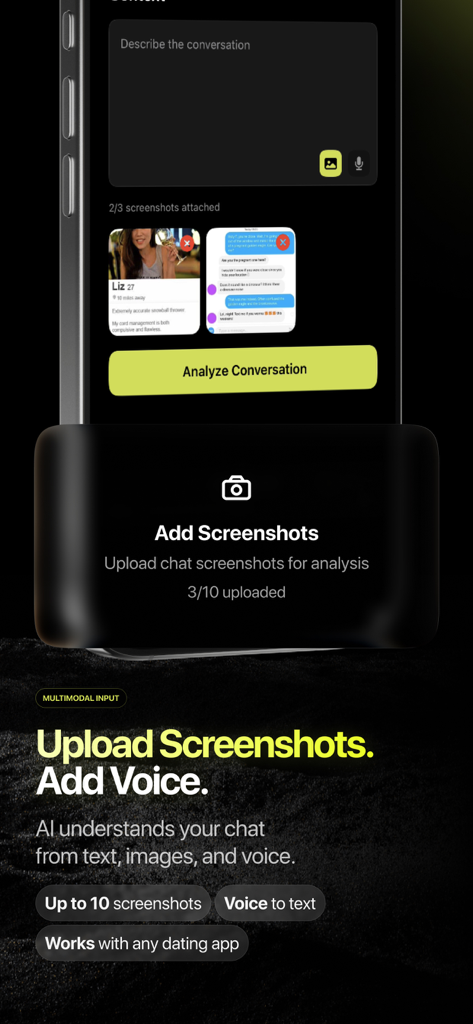 Hint AI: Dating Coach & Rizz - Interface of Hint AI app showing screenshot and voice upload for dating chat analysis