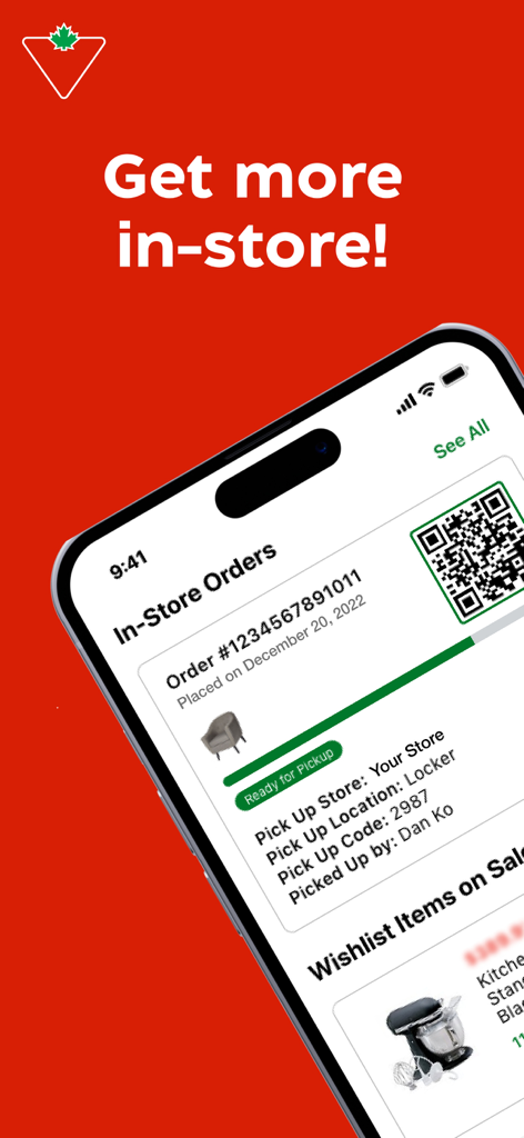 Canadian Tire: Shop Smarter - Un smartphone affichant l'application Canadian Tire avec une commande en magasin prête à être récupérée et un code QR