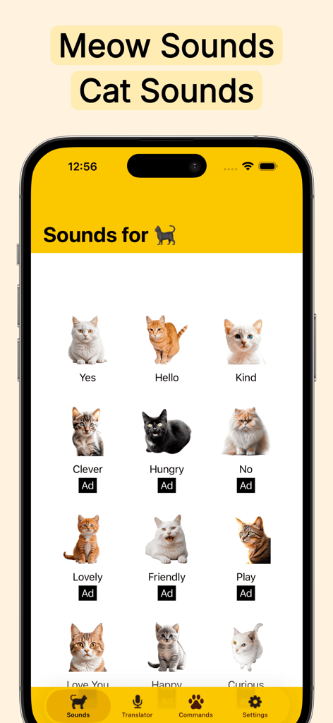 Cat Translator for Cats - Screenshot of the Cat Translator app soundboard showing different cat icons and sound labels like hello, hungry, and play.