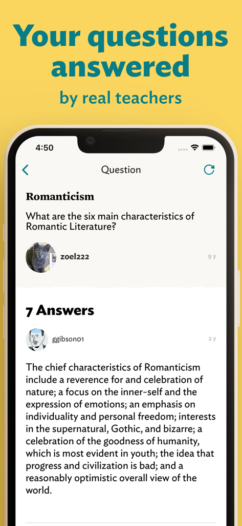 L'interface de l'application eNotes affichant une question d'un étudiant sur le romantisme, à laquelle répond un enseignant.