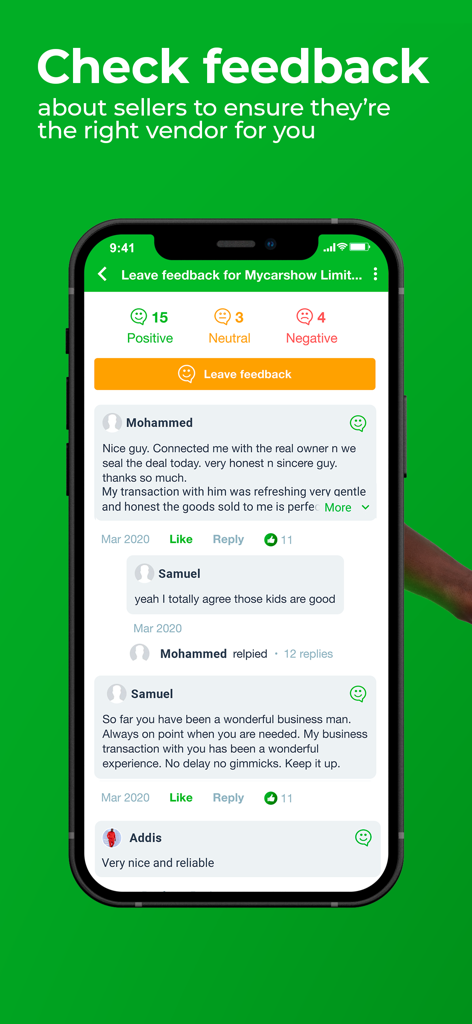 Screenshot of Jiji Kenya app showing positive ratings and user feedback for a seller to ensure trust and reliability.