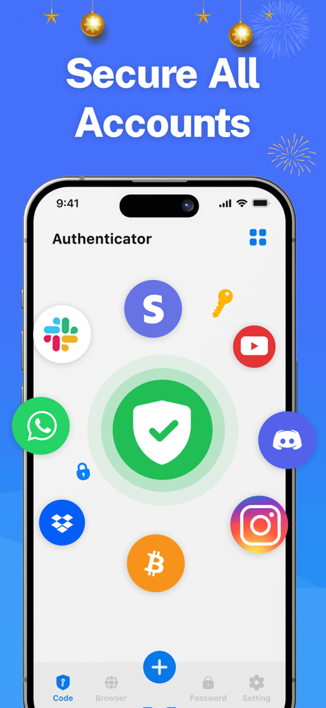 Écran d'iPhone affichant l'interface de l'application Authentificatrice avec une icône de bouclier centrale entourée des logos de divers services en ligne