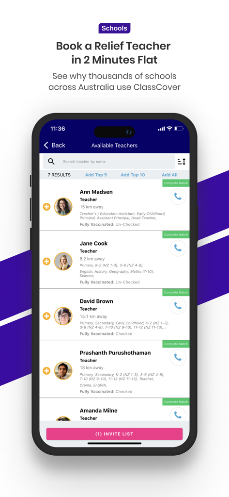 ClassCover - Eine mobile Benutzeroberfläche, die eine Liste verfügbarer Aushilfslehrer für Schulverwalter zur Buchung anzeigt.