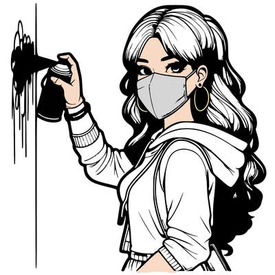 realistic girl with mask spray painting a wall