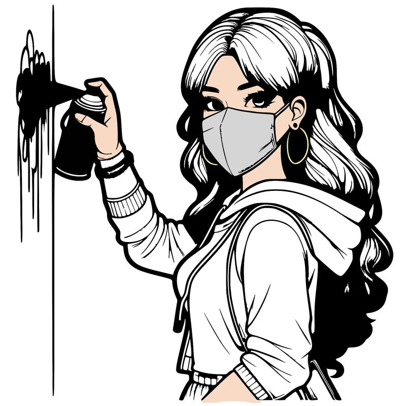 realistic girl with mask spray painting a wall