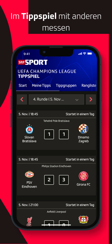 SRF Sport - Live Sport - SRF Sport app interface for UEFA Champions League prediction game