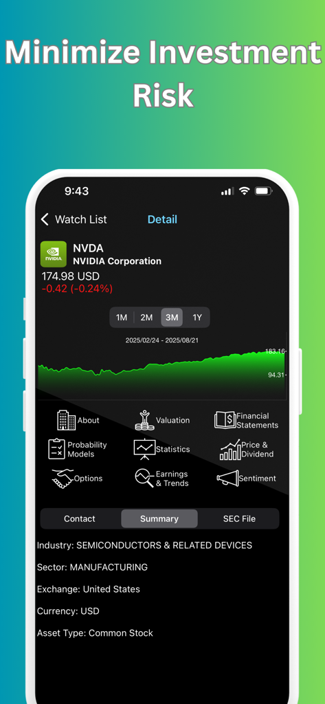 Company 360 - Company 360 mobile app interface showing NVIDIA stock data and investment risk analysis tools