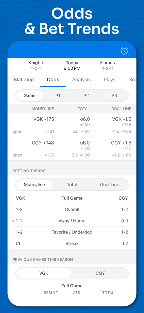 Superfan Sports: NHL Hockey - Bildschirm der Superfan Sports Mobile App mit NHL-Hockey-Wettquoten und Wett-Trends für ein Spiel zwischen den Knights und Flames.