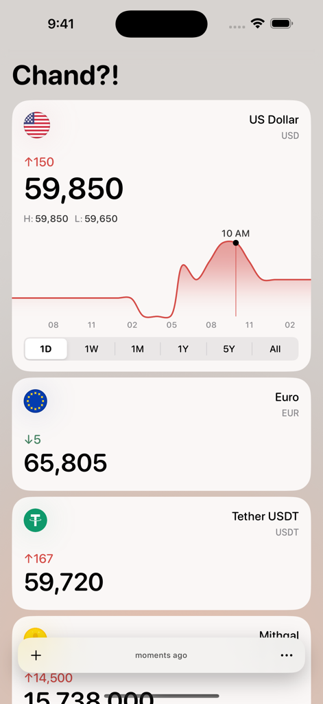 Chand app dashboard showing real-time currency and cryptocurrency rates with price charts