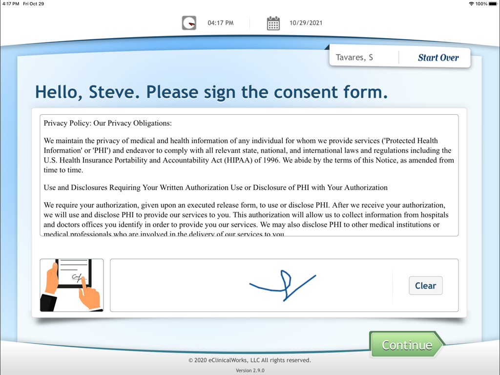 eClinicalWorks Kiosk - Patient signing a digital consent form on the eClinicalWorks Kiosk app interface