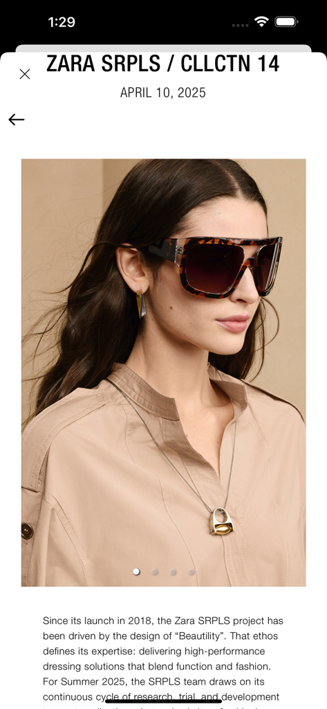 Zara SHWRM - Vista de perfil de uma modelo usando óculos de sol oversized de tartaruga e uma camisa bege da Coleção Zara SRPLS 14