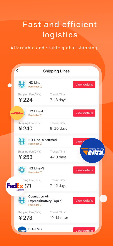 KakoBuy app interface showing international shipping lines, transit times, and fees