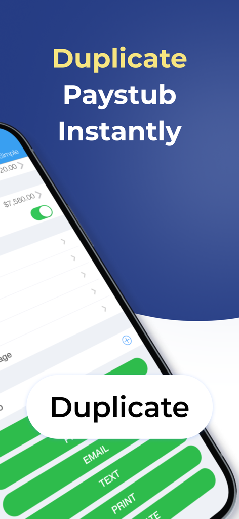 Paystub Maker - Ein Bildschirm einer mobilen App, der die Option zeigt, eine Gehaltsabrechnung sofort mit einer prominenten Schaltfläche zum Duplizieren zu duplizieren.