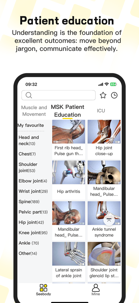 Interface do aplicativo Seebody mostrando educação do paciente em MSK com modelos anatômicos 3D e condições musculoesqueléticas