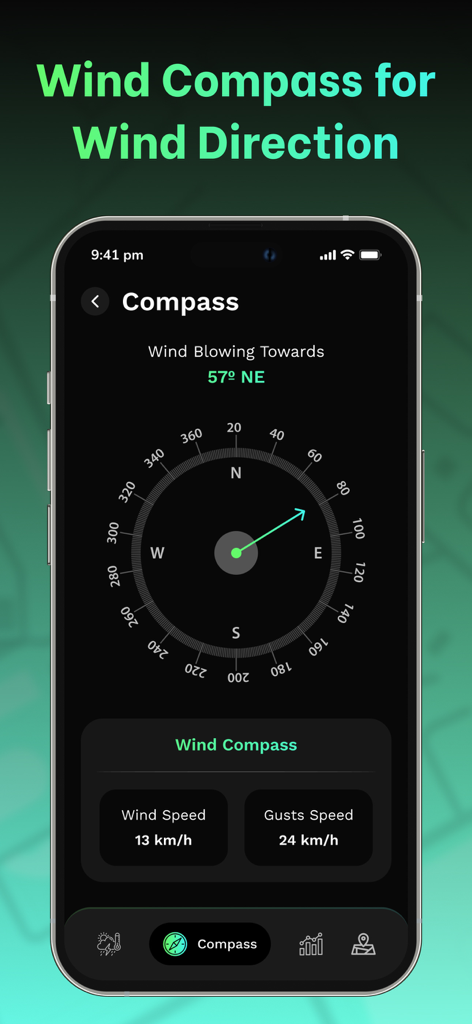 Interface of Drone Forecast app showing wind compass and speed data for drone pilots