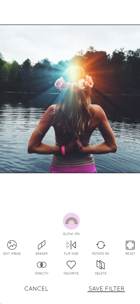 Rainbow Love - A woman with a flower crown standing by a lake with a vibrant rainbow glow effect in the Rainbow Love photo editor interface