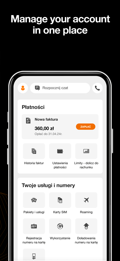 Mój Orange - Captura de pantalla del panel de la aplicación Moj Orange que muestra el saldo de la cuenta y las opciones de gestión de servicios