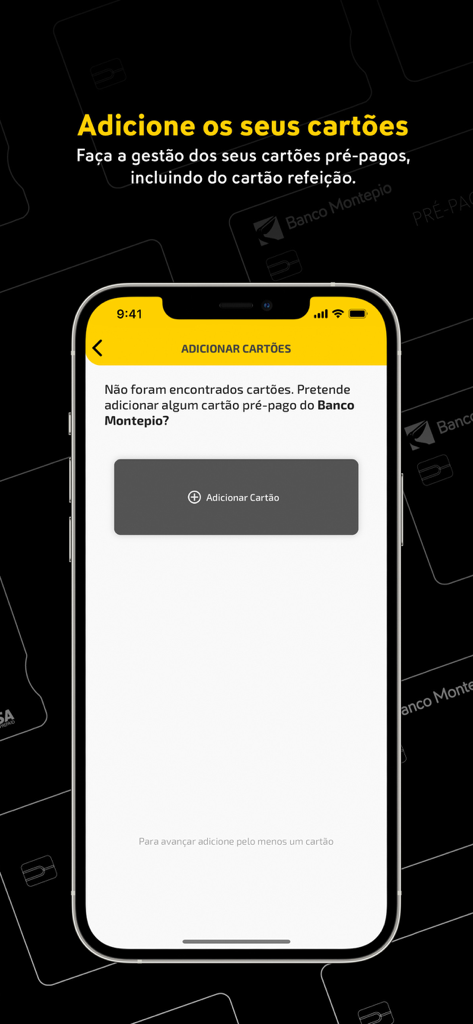 APPré-pago | Banco Montepio - Interface do aplicativo APPré-pago Banco Montepio mostrando a tela para adicionar cartões pré-pagos
